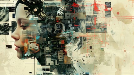 An intricate fusion of technology and human likeness, this digital art presents a female figure melded with circuitry, ideal for tech and futuristic themes.