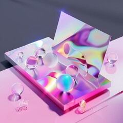 Transform your AI business card into a work of art with a 3D iridescent glass setting, featuring floating organic forms and the play of light refraction