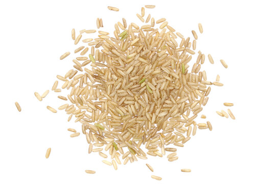 Brown rice, uncooked and hulled, isolated on white, top view - Powered by Adobe
