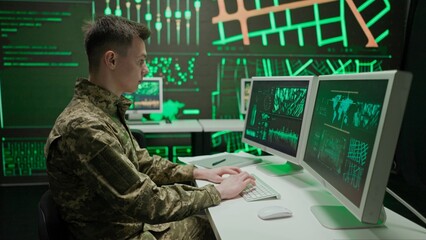 Person security squad in control center. Military headquarters surveillance officer cyber police working in office, tracking and managing security, back shot.