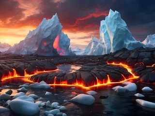 Foto op Canvas Lava core and arctic frost, extreme elements theme, hot molten energy, cold icy calm, dynamic natural forces, serene elemental balance, intense heat and cold contrast, peaceful nature power design. © Mahmud