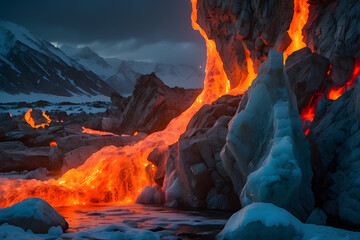 Lava core and arctic frost, extreme elements theme, hot molten energy, cold icy calm, dynamic natural forces, serene elemental balance, intense heat and cold contrast, peaceful nature power design.
