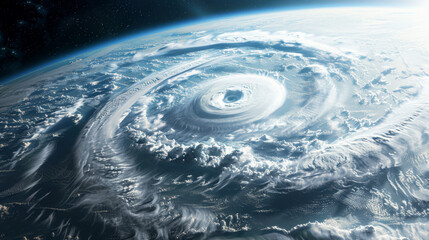 Fototapeta na wymiar View from space of large hurricane spiral cloud, circulating. Huge weather system. Theme meteorology.
