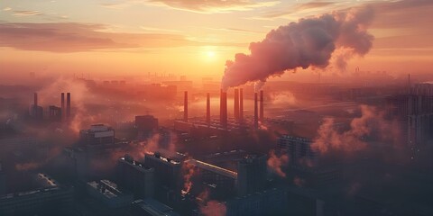 Industrial factory buildings with smoking chimneys at sunset highlighting the impact of industry on the environment. Concept Industrial Impact on Environment, Sunset Factory Scenes, Smoking Chimneys - obrazy, fototapety, plakaty