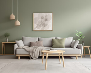 A stylish living room with a comfortable sofa coffee table and a beautiful painting on the wall