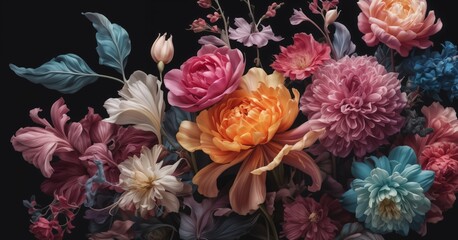 bouquet of colorful flowers, including hues of blue, pink, and yellow, against a black background. - obrazy, fototapety, plakaty