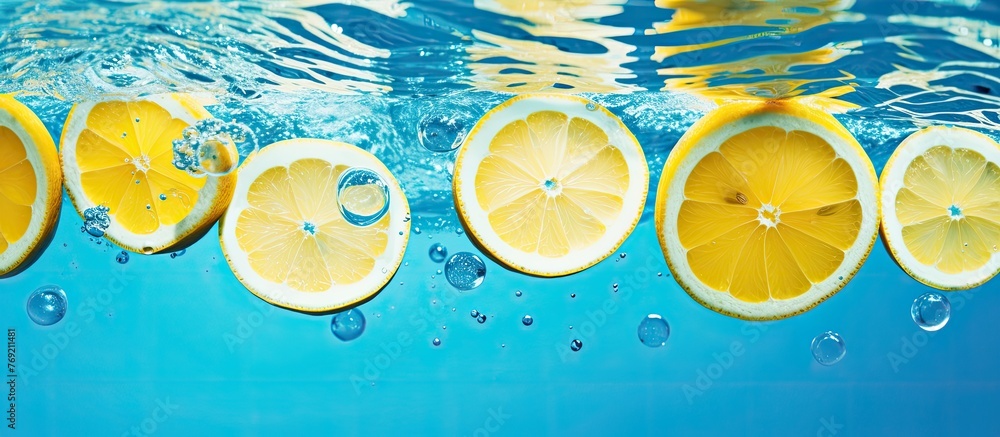 Poster close-up view of a cluster of lemon slices floating in clear water, giving a refreshing and vibrant 