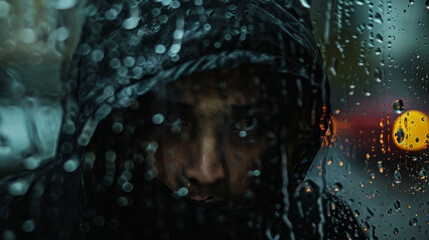 Young male burglar looking through window, face obscured  by rain, Crime theme.