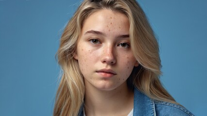 Portrait of a sad young blonde woman with acne