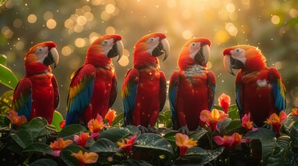 A flock of vibrant parrots perched on a jungle tree branch