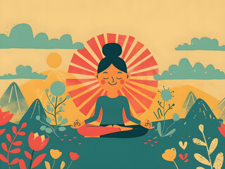 Obraz na płótnie Canvas Concept of Inner Peace and Spirituality: Tranquil Woman Meditating in Serene Garden Amidst Lush Greenery, Blooming Flowers, Majestic Mountains, Radiant Sunburst Pattern, Warm Hues of Sunrise or Sunset