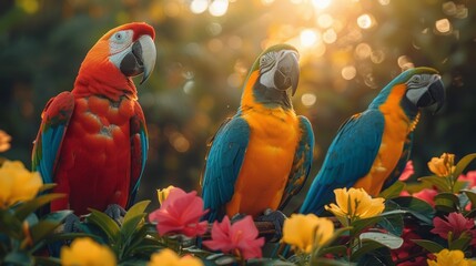 three colorful parrots are sitting on top of a flower bed