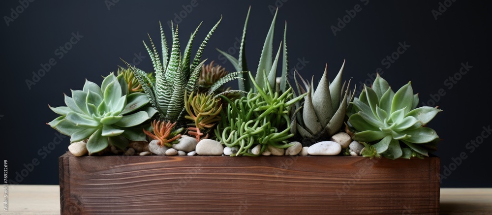 Poster assorted types of small succulent plants arranged in a wooden container meant for planting and displ