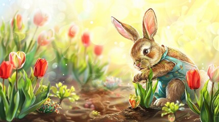 Bunny gardener planting Easter tulips, cheerful watercolors, close-up, golden hour warmth