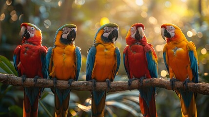 A vibrant row of parrots with colorful feathers perched on a branch