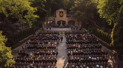 Aerial view of a graduation ceremony, capturing the formal procession and collective achievement of graduates.