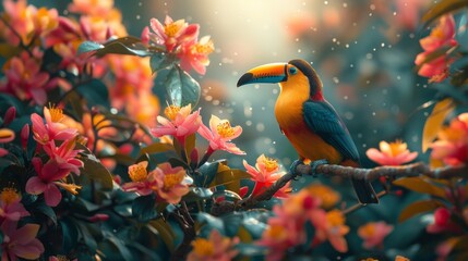 A toucan sits on a branch amid flowers in a natural landscape