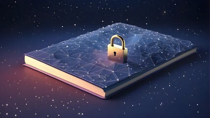 An illustration of digital data protection concept featuring a polygonal notebook and lock set against a starry sky. Wireframe illustration in low poly. Internet-based data encryption