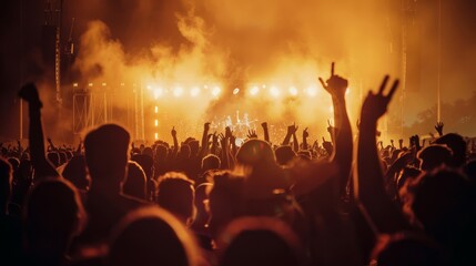 Panoramic photo of a summer music festival, with a crowd of people dancing in front of a stage, capturing the vibrant energy of live music events, perfect for entertainment and event promotion.