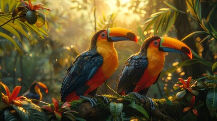 Three colorful toucans perch on a branch in the jungle
