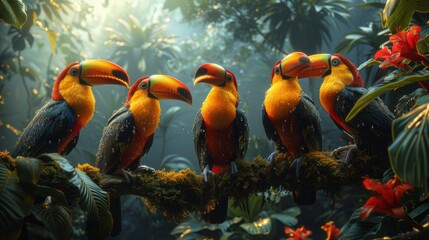 Birds with vibrant beaks perch on branch in lush jungle, amidst diverse wildlife