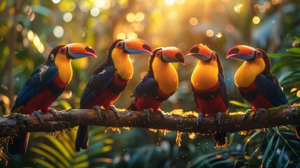 A flock of toucans with vibrant beaks perched on a lush jungle tree branch