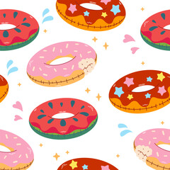 Seamless pattern with pool rubber ring. Swim rings on white background. Inflatable rubber toy for water and beach. Fun rubber rings in the form of pineapple, watermelon and donut. Summer mood