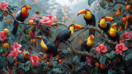Bird painting with toucans on tree branch among flowers - obrazy, fototapety, plakaty