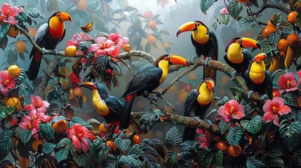 Fotobehang Bird painting with toucans on tree branch among flowers © yuchen