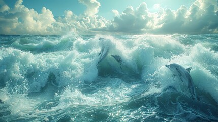 Dolphins leaping through azure waves in the fluid atmosphere - obrazy, fototapety, plakaty