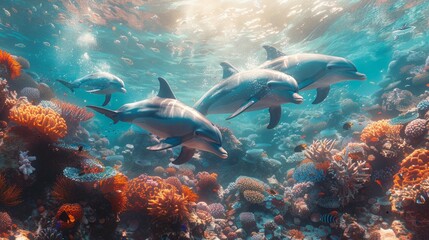 freediving with free dolphins from sataya bay egypt - obrazy, fototapety, plakaty