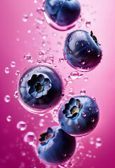 Flying or floating blueberry in pink water, with water splashes and drops. Close up