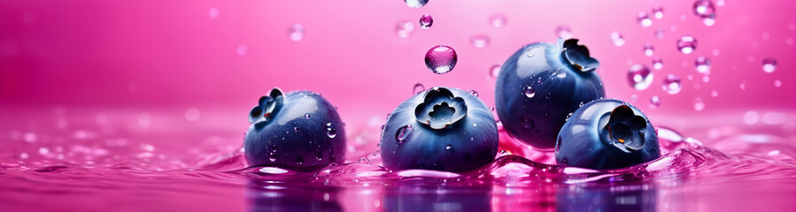 Flying or floating blueberry in pink water, with water splashes and drops. Close up - obrazy, fototapety, plakaty