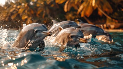 Pod of dolphins gracefully gliding through the ocean