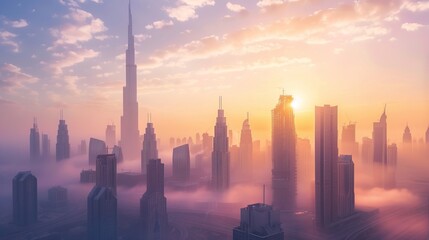 Dubai's city center skyline is shown at sunrise, featuring its luxurious skyscrapers and highlighting the city's architectural splendor