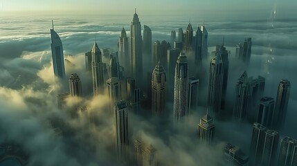 Dubai's mega tall skyscrapers are enveloped in early morning fog, offering a rare and mystical aerial perspective of the city - obrazy, fototapety, plakaty