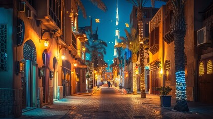 Dubai's old Arab city streets are illuminated at night, presenting a view filled with cultural and historical charm - obrazy, fototapety, plakaty