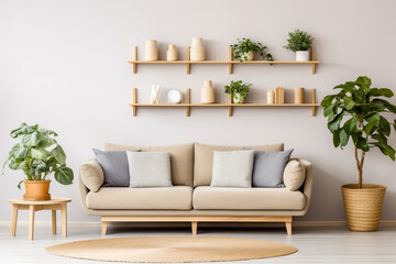 Modern living room with upholstered wooden base sofa aside potted plants with ornamental shelving above sofa set against a plain neutral wall interior room designed mock up