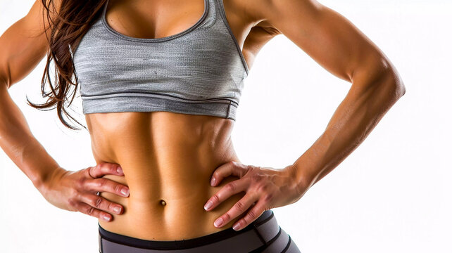 Abdominal shot of an attractive slim healthy young woman witrh fab abbs wearing a sports bra and belly boutton stud against a white background health fitness and wellbeing concept
