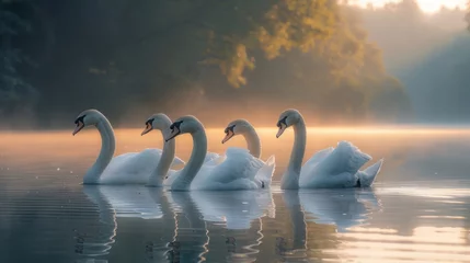Gartenposter A group of waterfowl, including swans, gliding on a serene lake © yuchen