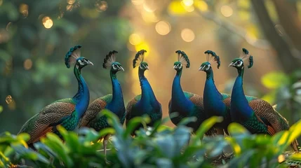 Keuken spatwand met foto A group of peacocks with vibrant feathers standing in the grassy landscape © yuchen