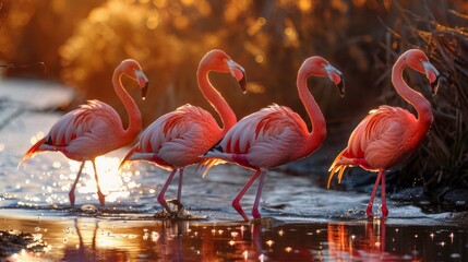 A group of Greater flamingos wading in water in their natural wetland habitat - obrazy, fototapety, plakaty