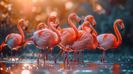 A group of Greater flamingos wade in the waters of their natural ecoregion - obrazy, fototapety, plakaty
