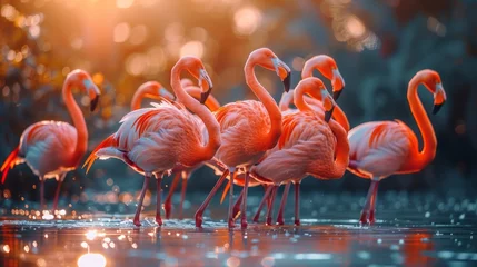 Foto op Canvas A group of Greater flamingos wade in the waters of their natural ecoregion © yuchen