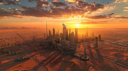 Riyadh's King Financial District is depicted at sunset, highlighting the area's advanced technological infrastructure within the capital of Saudi Arabia - obrazy, fototapety, plakaty