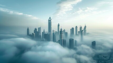 The Abu Dhabi skyline is depicted with clouds, showcasing the modern city view of the United Arab Emirates capital
