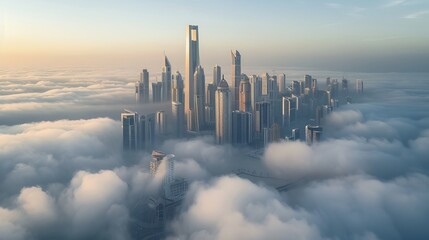 The Abu Dhabi skyline is depicted with clouds, showcasing the modern city view of the United Arab Emirates capital - obrazy, fototapety, plakaty