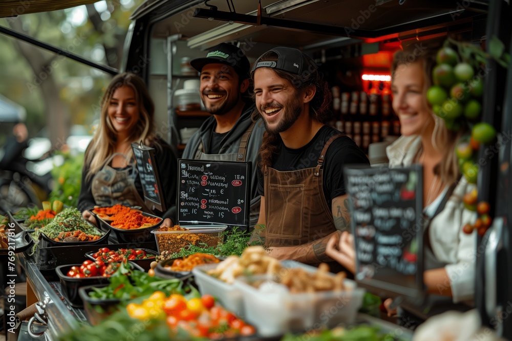 Wall mural a community of smiling people gathers in front of a food truck at a market event, sharing whole food