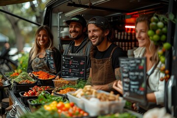 A community of smiling people gathers in front of a food truck at a market event, sharing whole...