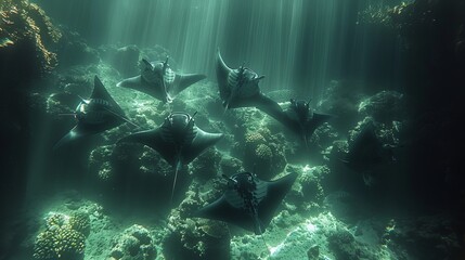Group of manta rays swim near coral reef in ocean, marine biology science - obrazy, fototapety, plakaty
